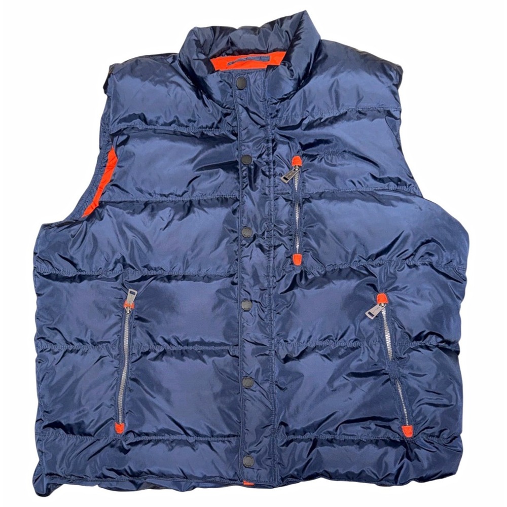 Orvis XL Navy Blue Orange Down Puffer Vest 5 pockets